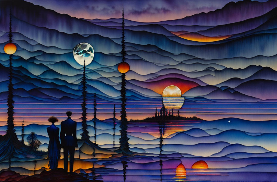 Surreal landscape art: couple by water, moon, sun, glowing orbs, pine trees