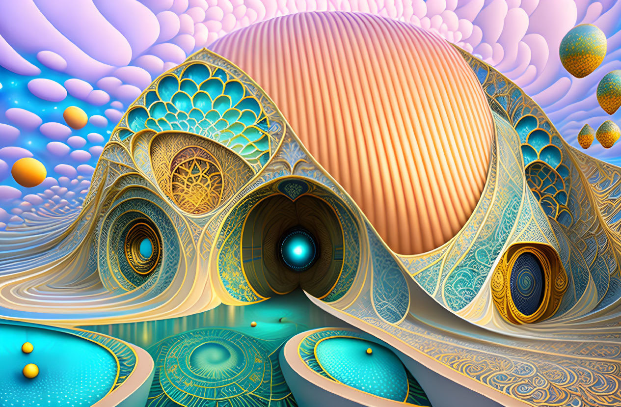 Fractal landscape with swirling patterns and reflective pools