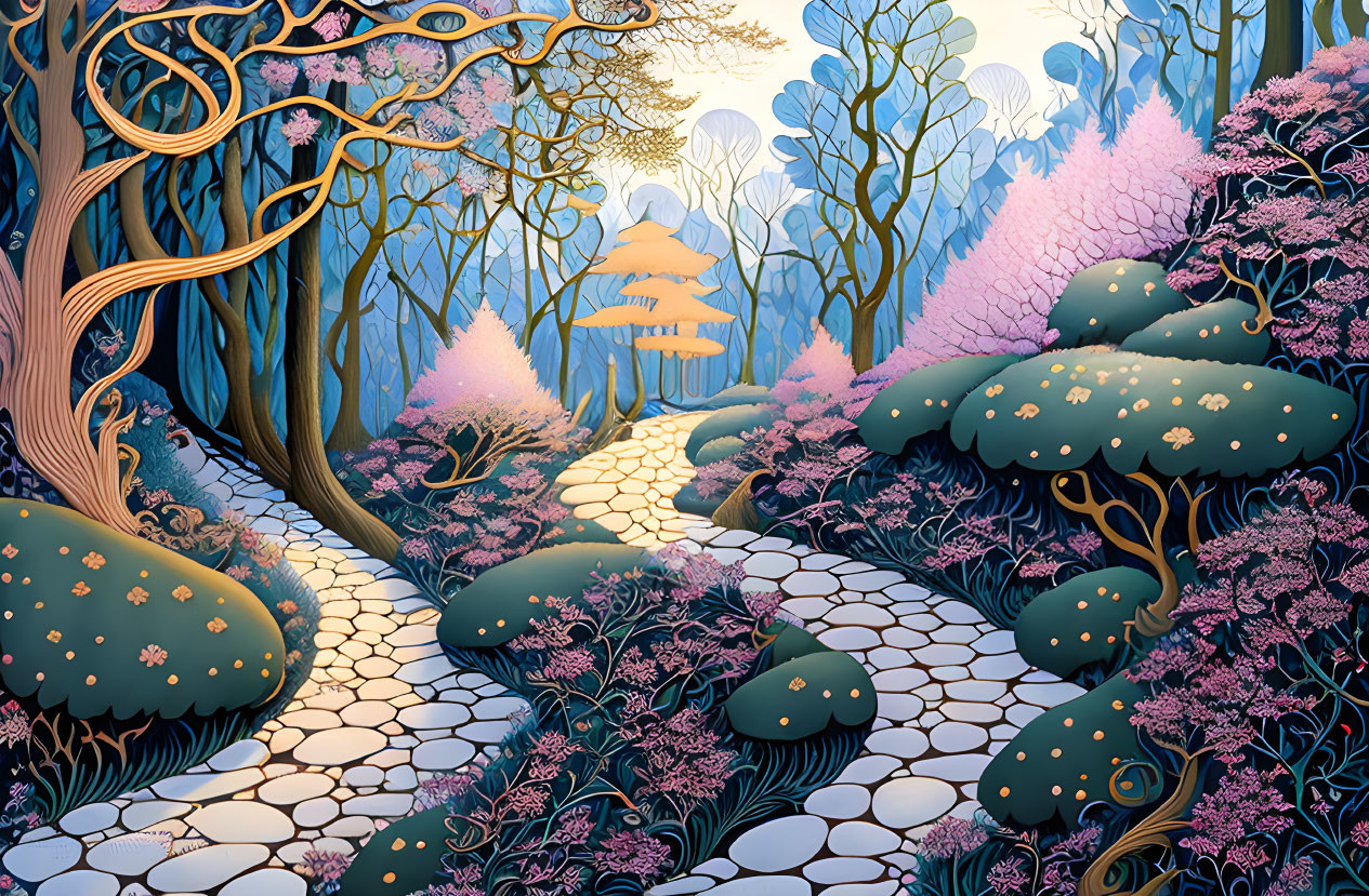 Colorful forest scene with stone path, flowering trees, twisted trunks, and oversized mushrooms