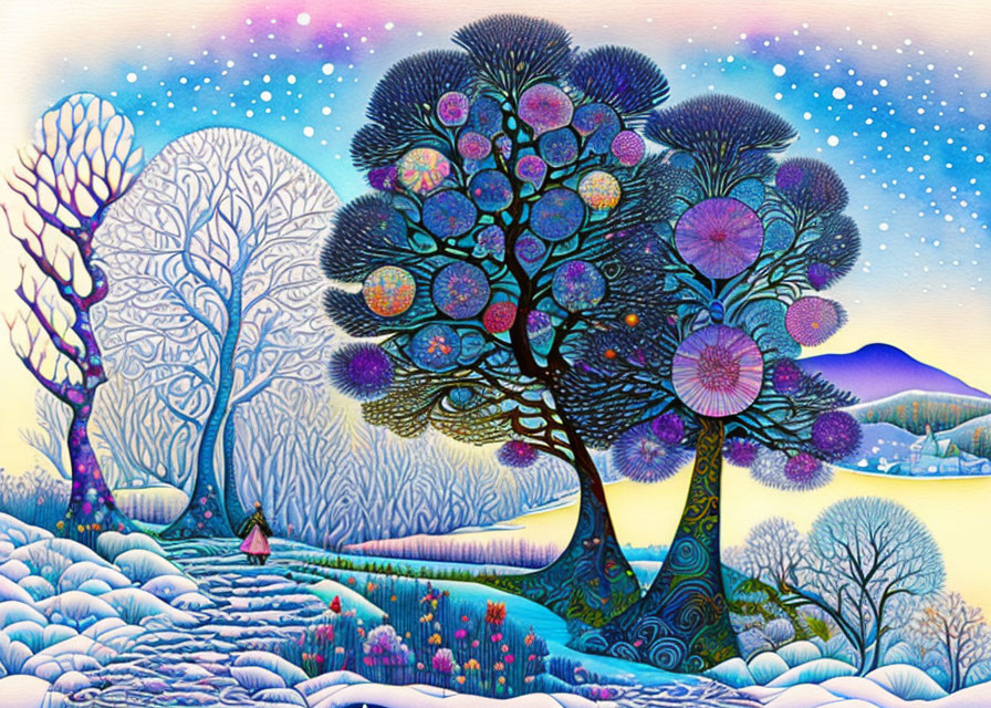 Colorful stylized landscape with whimsical trees, snowy foreground, and person under starry sky.