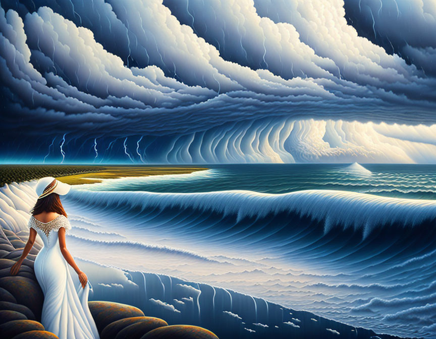 Woman in white dress and hat gazes at surreal seascape with wave-like clouds.