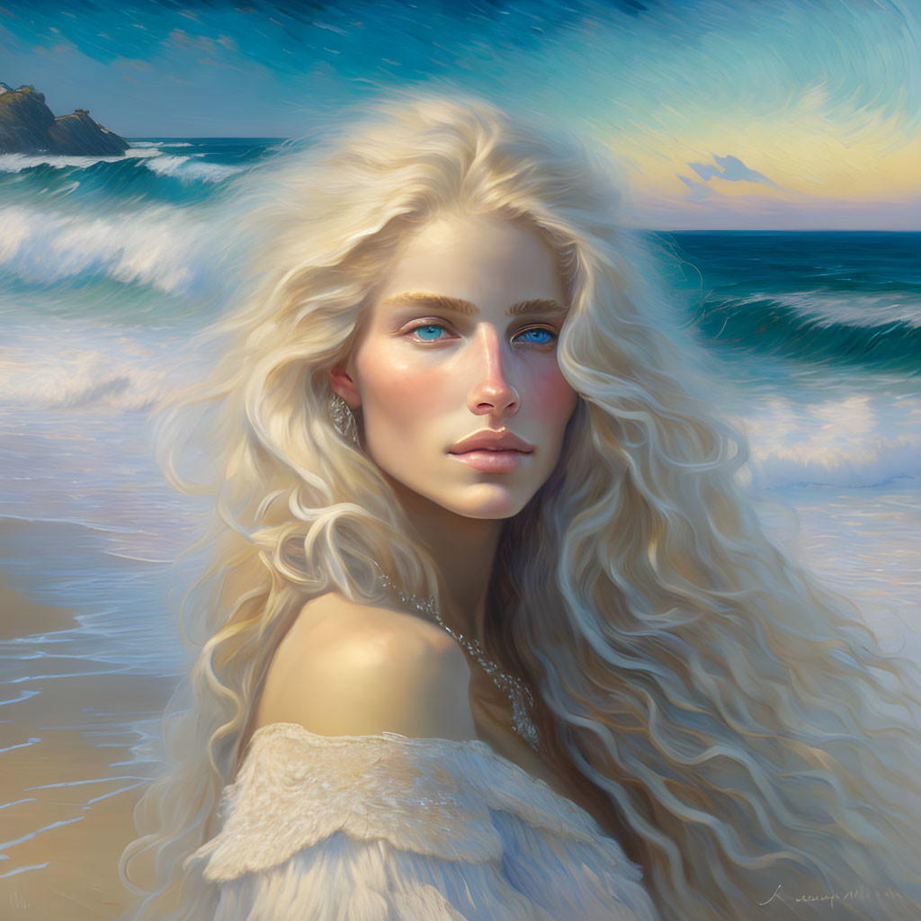 Blonde woman in white fur at beach sunset