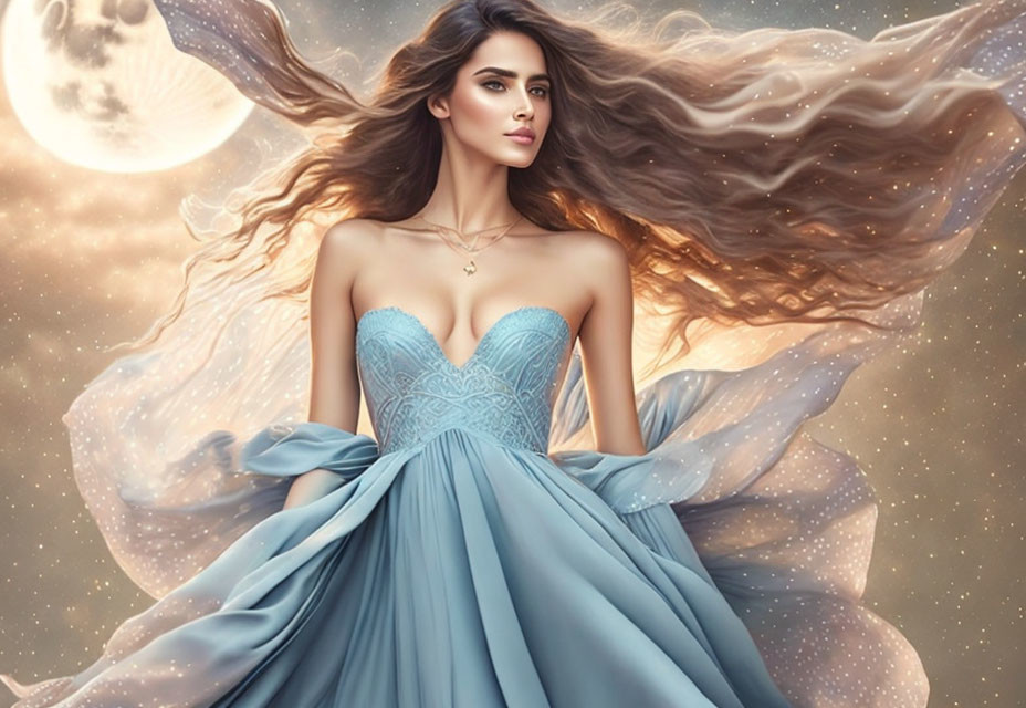 Woman in blue gown with flowing hair under lunar backdrop