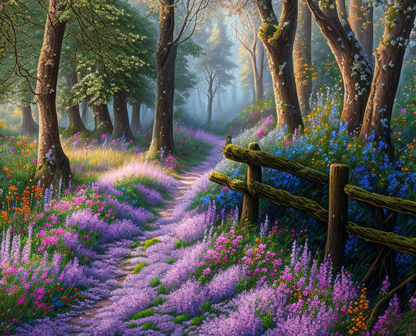 Enchanting forest path with purple flowers, old fence, mist, and morning light