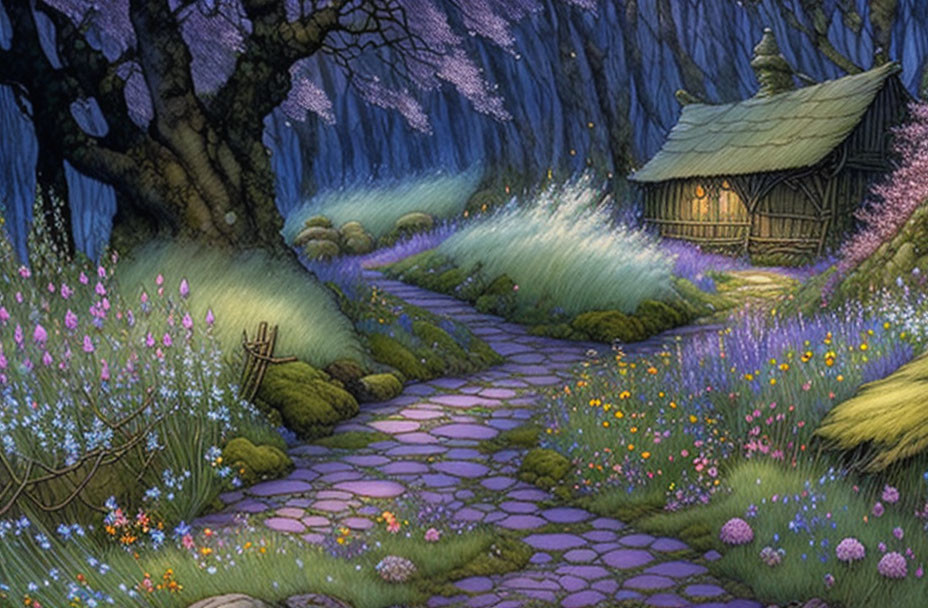 Illustration of Cozy Cottage in Night Garden with Stone Path