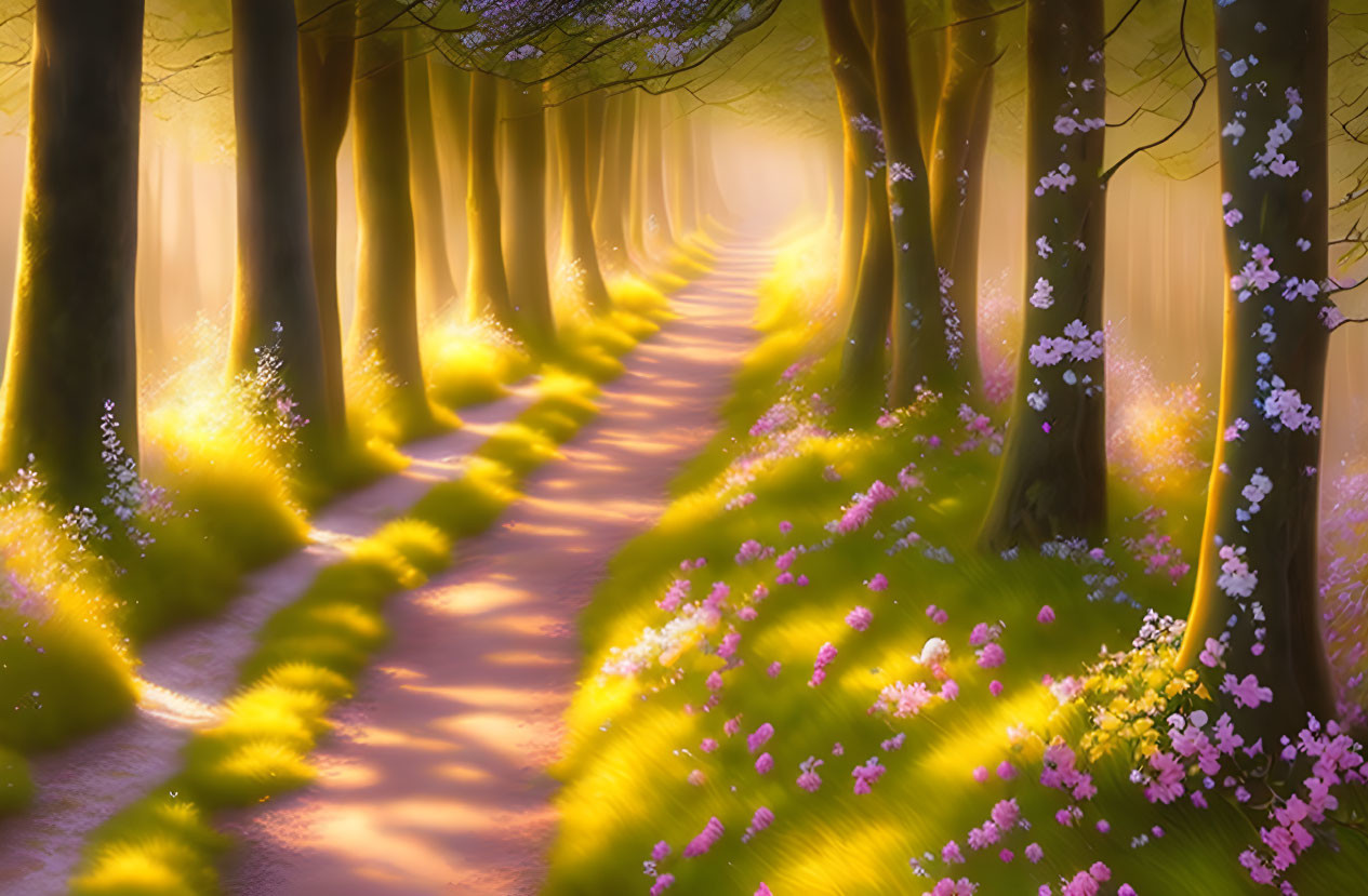 Enchanting forest path with glowing lights and blooming flowers