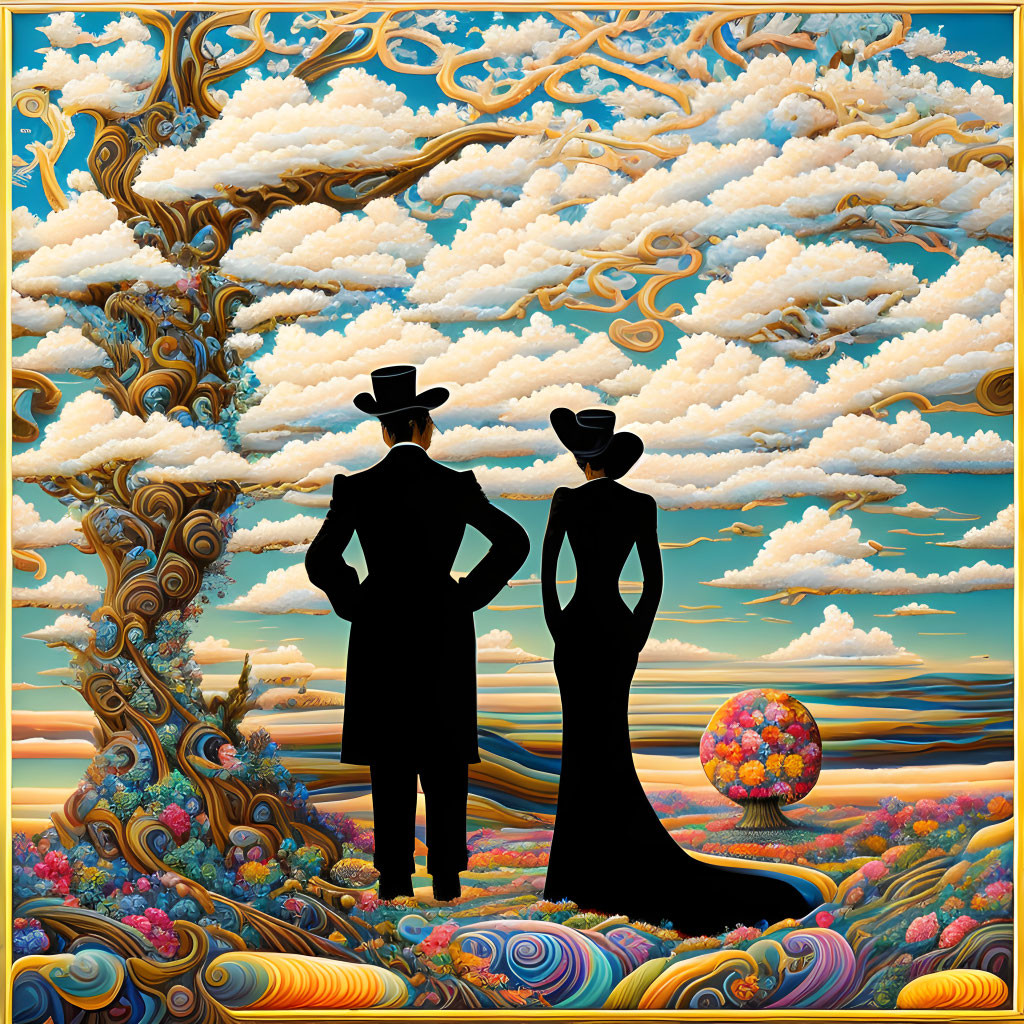 Surreal painting of couple in formal attire with vibrant tree