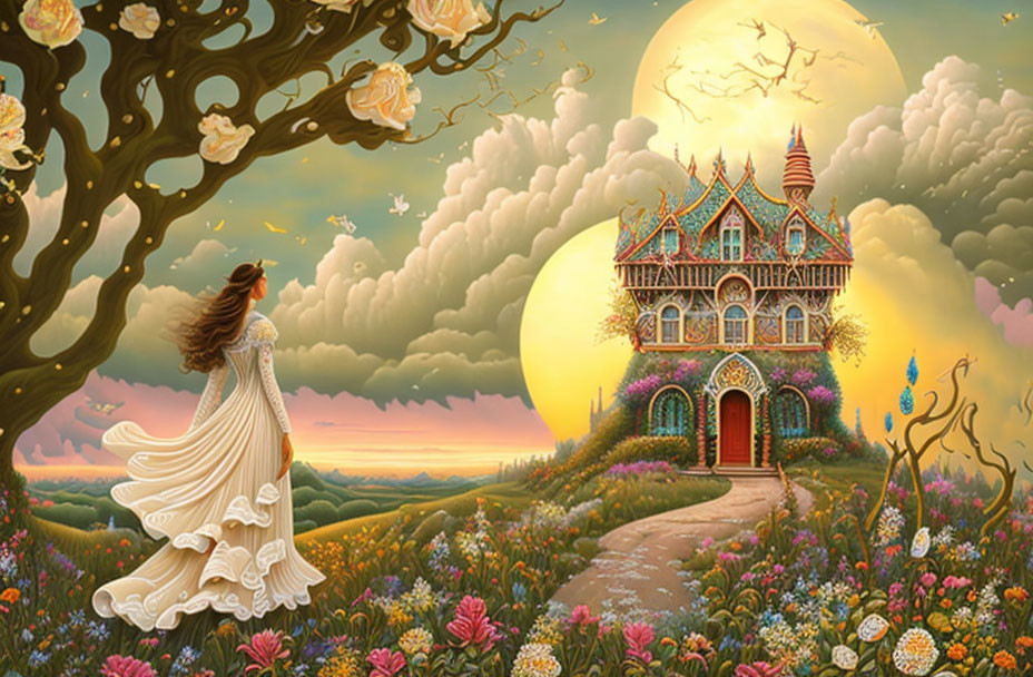 Woman in flowing gown walking to fantastical castle under large moon in vibrant, flower-filled landscape at sunset