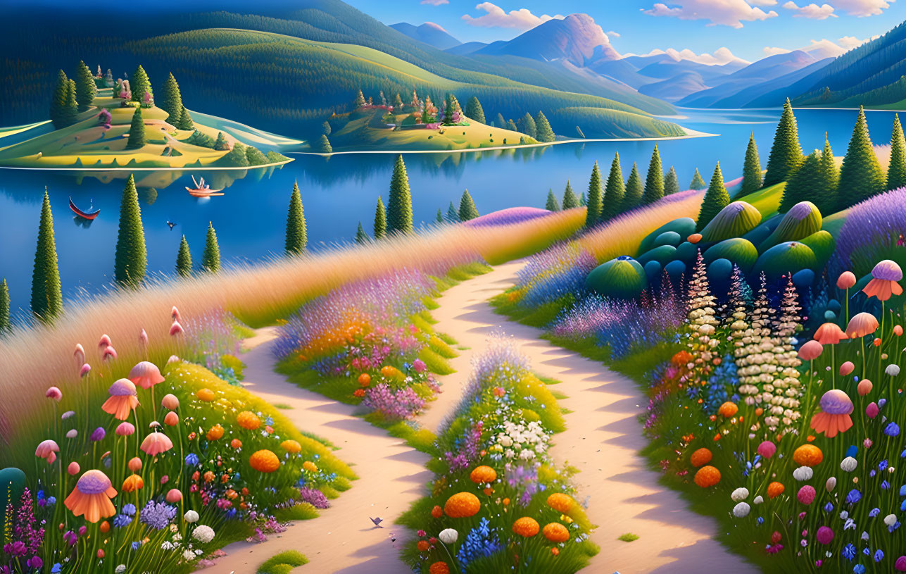 Colorful Stylized Landscape with Flowers, Path, Lake, Mountains, and Boats