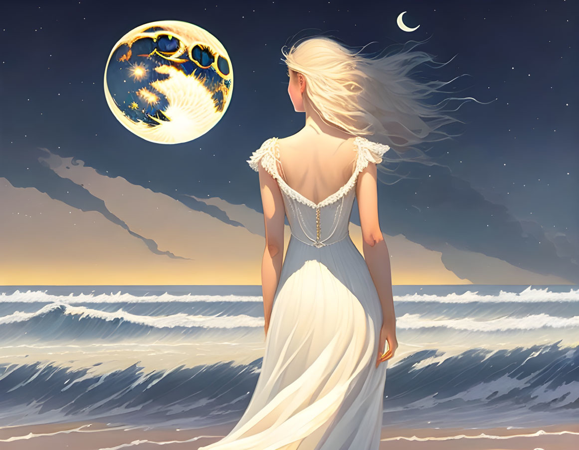 Woman in white dress admires glowing moon on serene beach at night