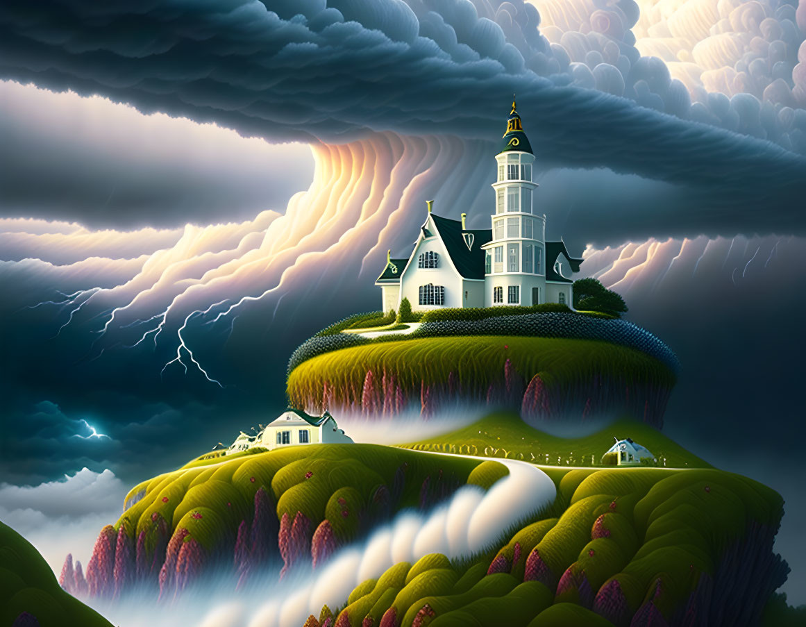 Surreal illustration of grand white house on terraced hill with waterfalls under stormy sky