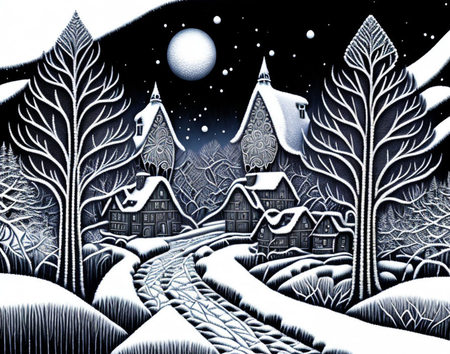 Monochrome wintery village scene under full moon