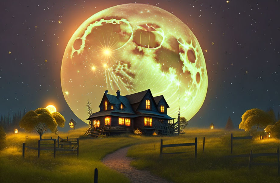 Quaint nighttime house with detailed moon and starry sky