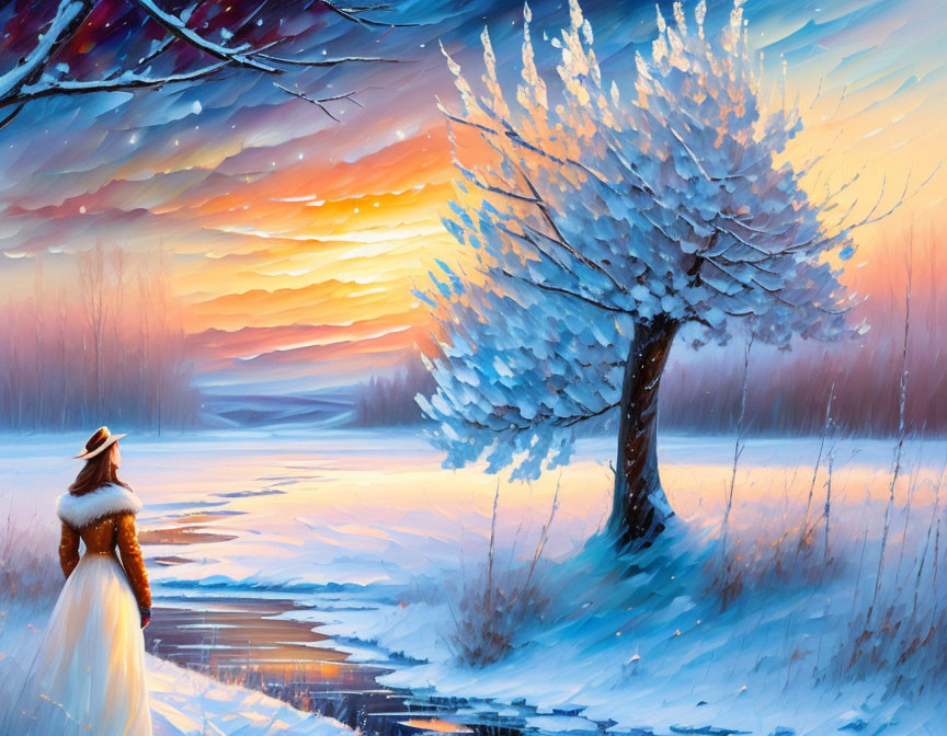 Person in White Dress in Snowy Landscape with Frosted Tree and Vibrant Sky