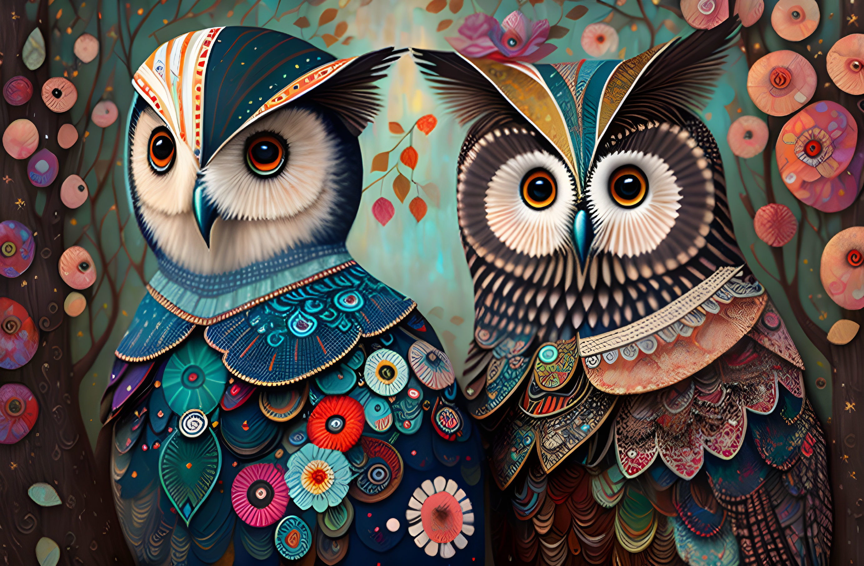 Illustrated Owls with Intricate Patterns and Floating Circles