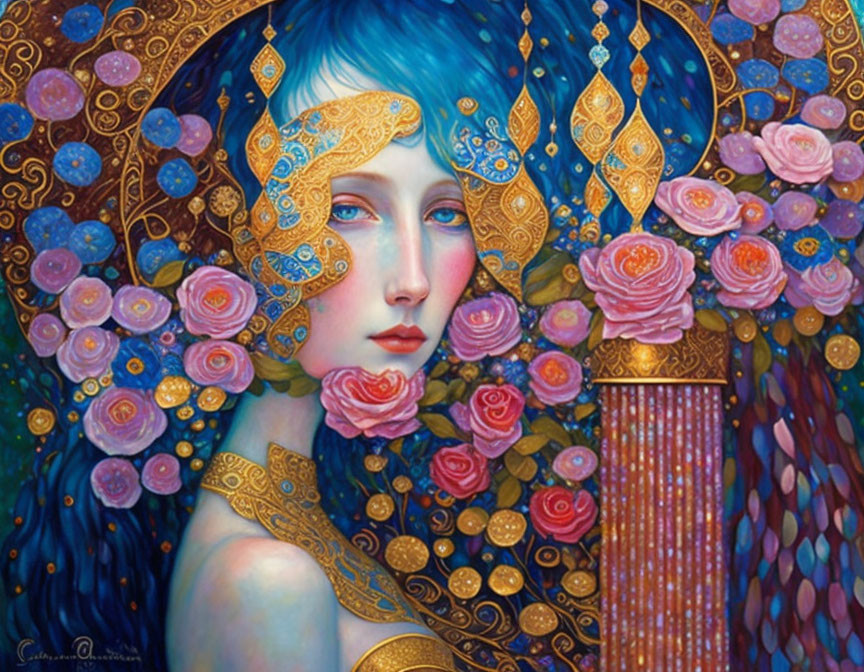 Stylized portrait of woman with blue hair and gold-patterned headpiece, surrounded by pink and