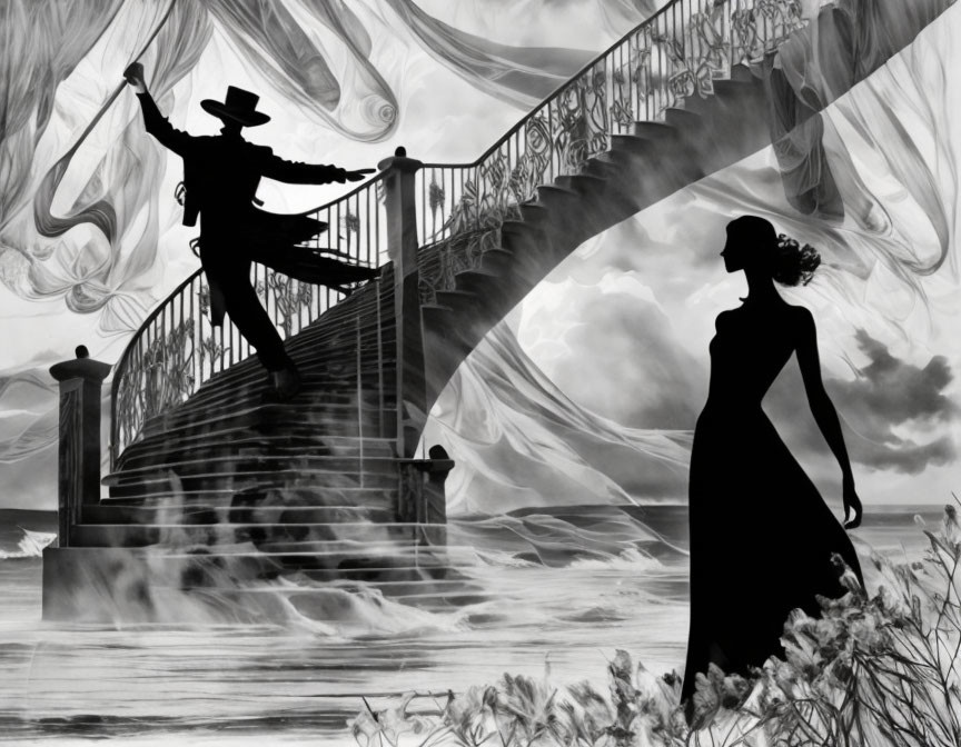 Monochrome cowboy dancing on swirling staircase with woman watching, waves backdrop