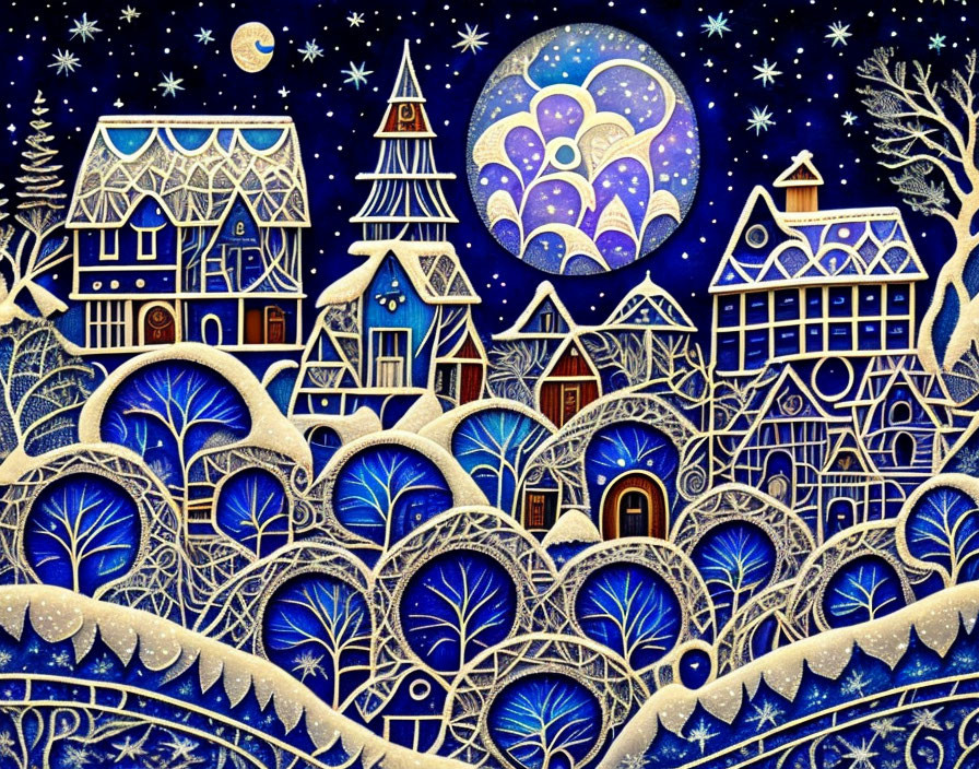 Whimsical winter scene with stylized buildings and starry sky