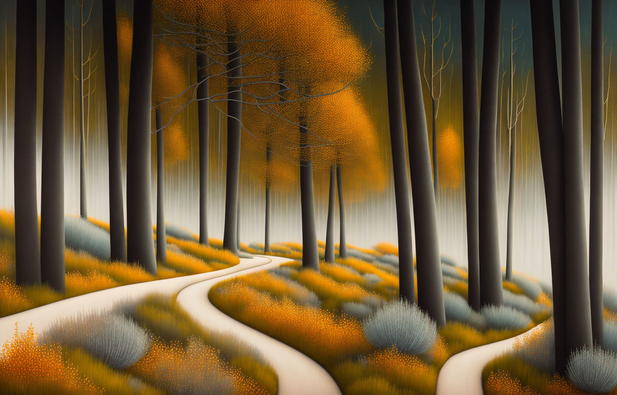 Stylized autumn forest with tall dark trunks and golden foliage