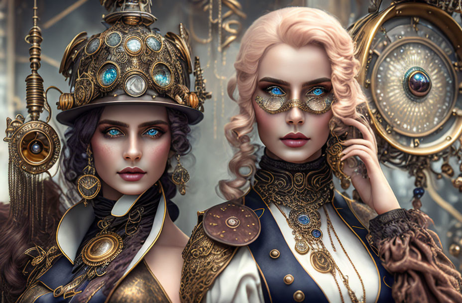 Steampunk-themed image featuring two women with intricate accessories.