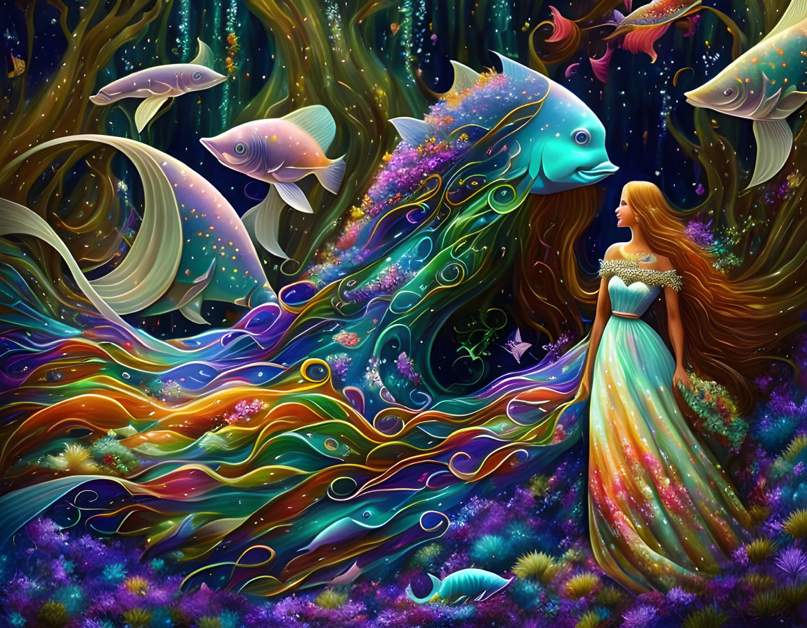 Colorful Gown Woman in Vibrant Underwater Scene