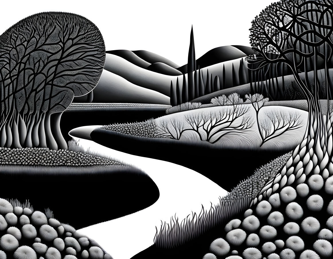 Surreal black and white landscape with stylized trees and rolling hills