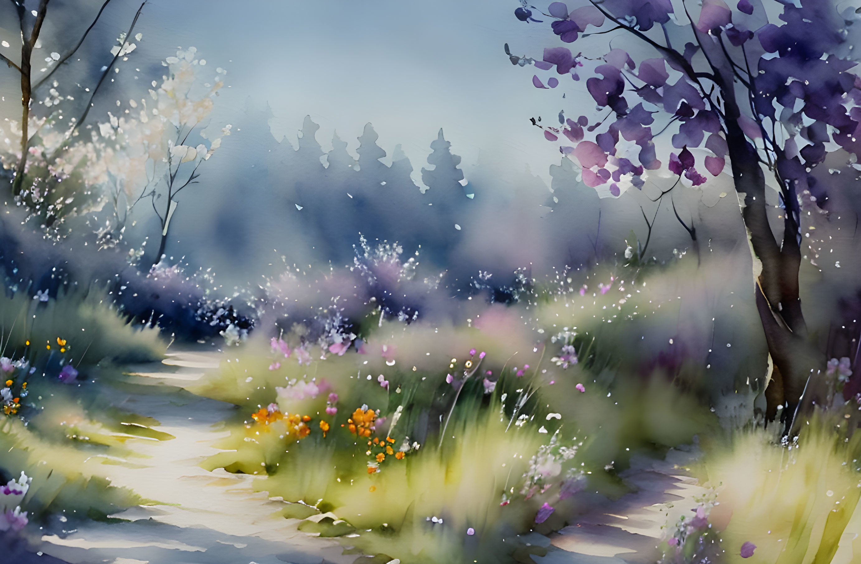 Tranquil watercolor of blooming forest path