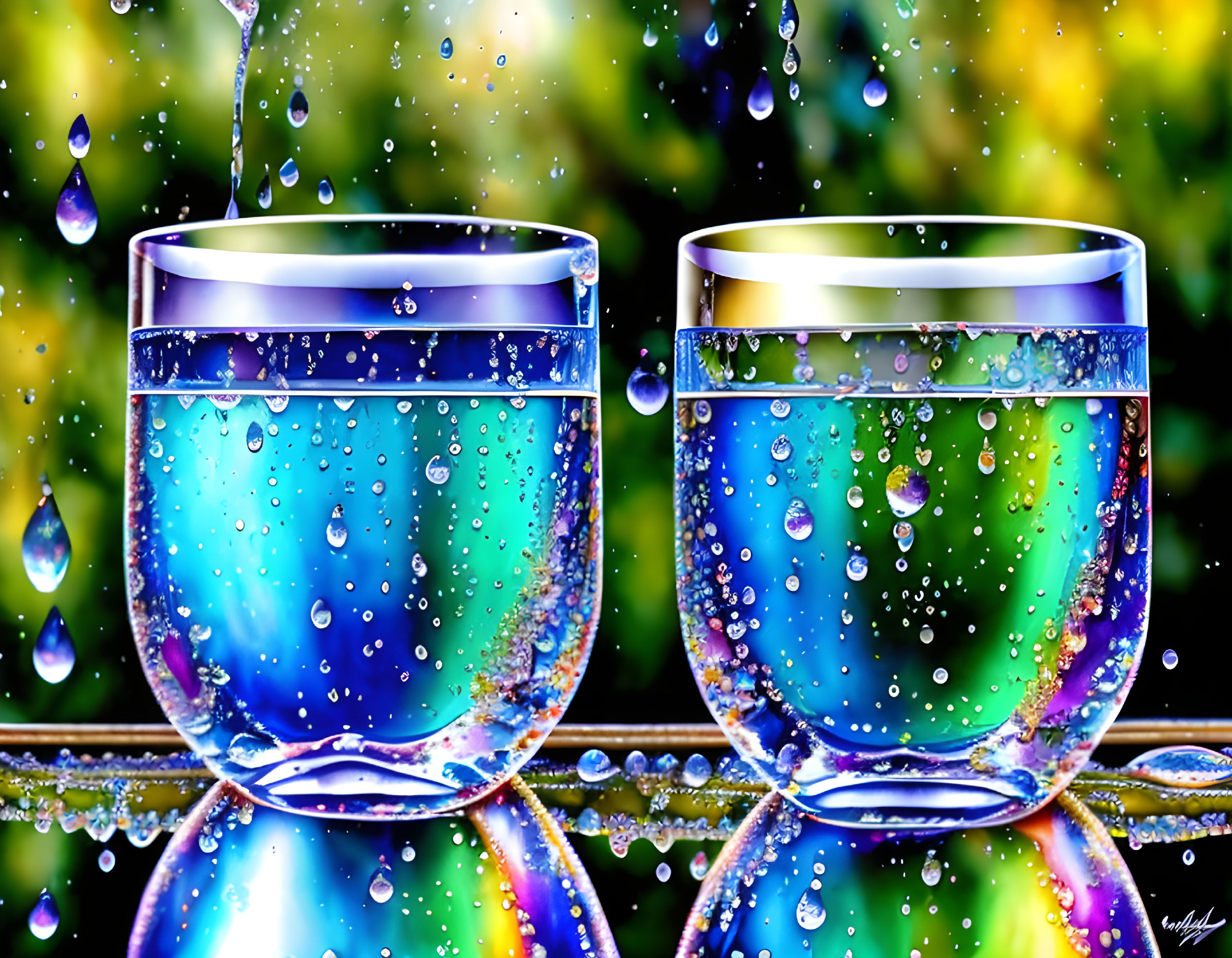 Blue liquid-filled clear glasses with water droplets and splashes on blurred green backdrop