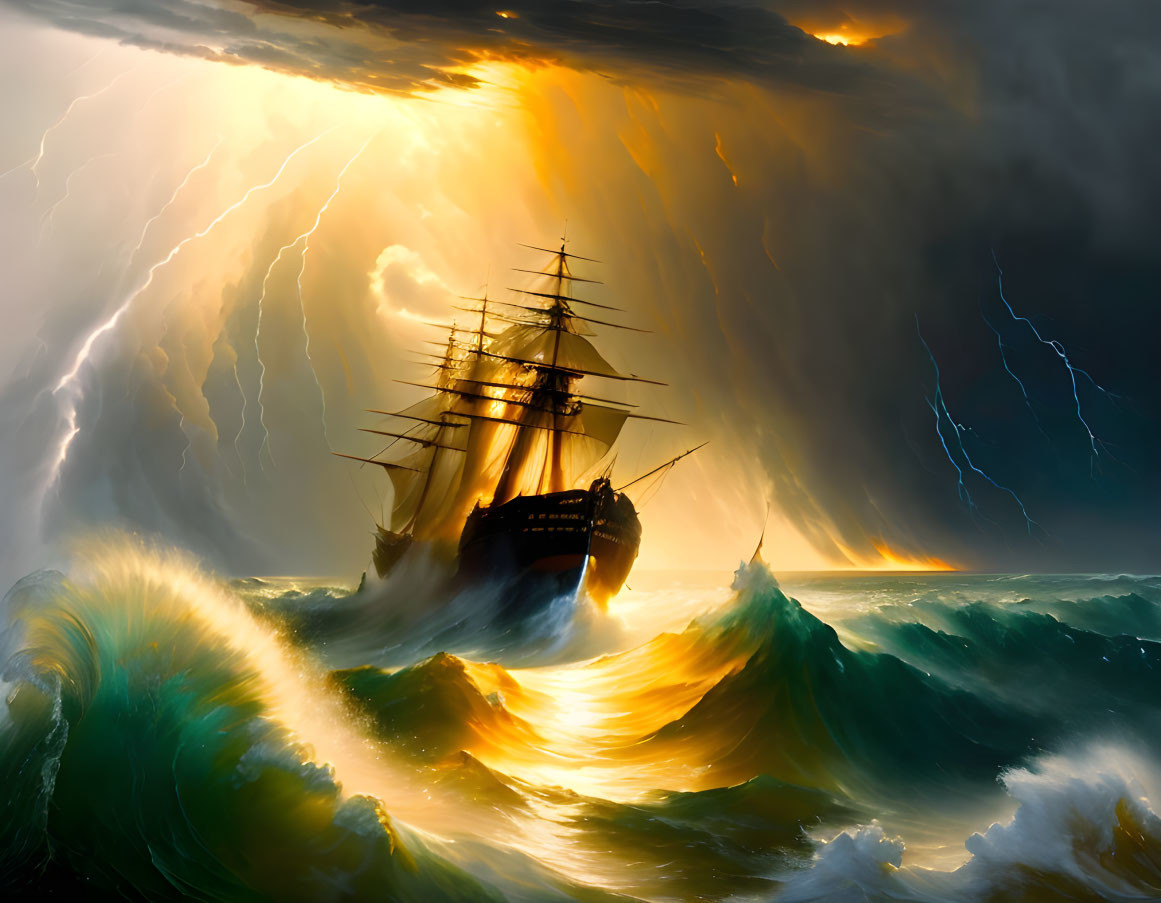 Sailing ship in stormy seas under brooding sky