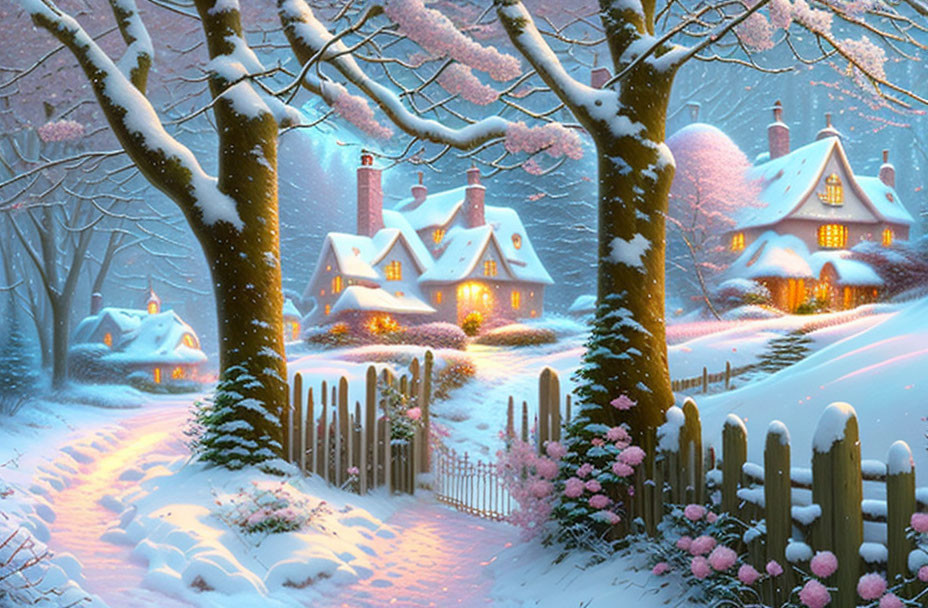 Snow-covered cottages and pink blossomed trees in a winter twilight scene