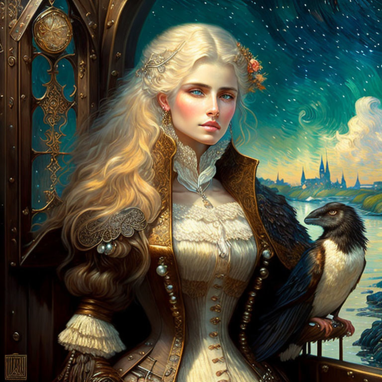 Blonde woman in elegant attire with raven under starry sky