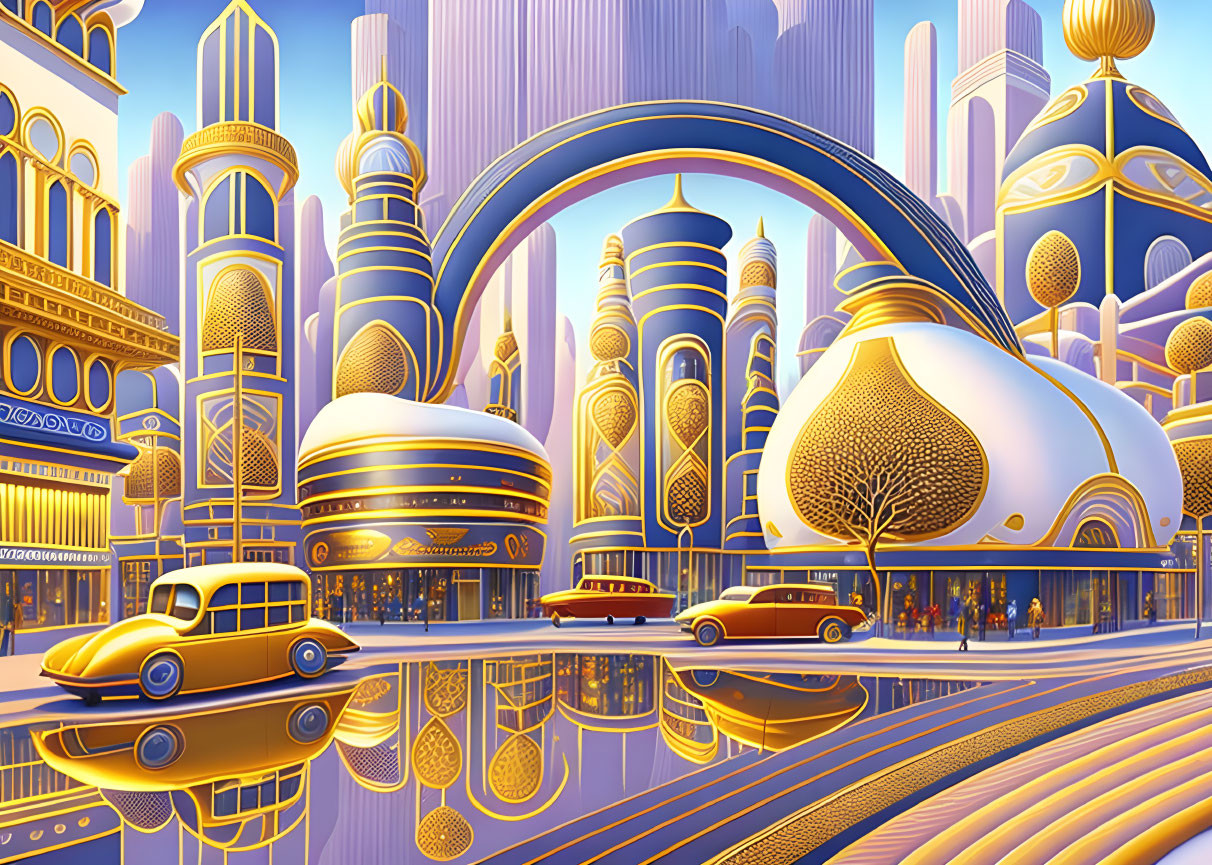 Futuristic golden and purple cityscape with bustling street scene