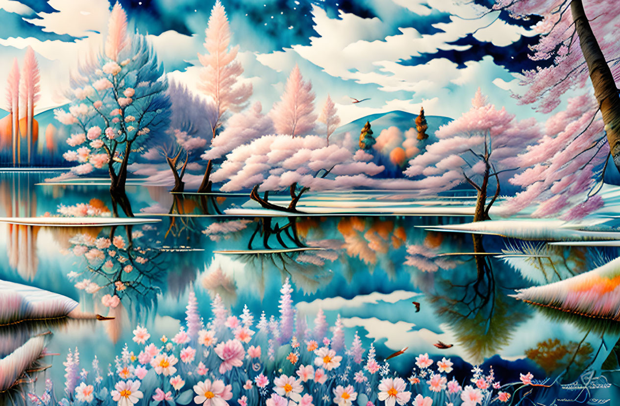 Colorful Landscape with Blossoming Trees Reflecting on Calm Lake