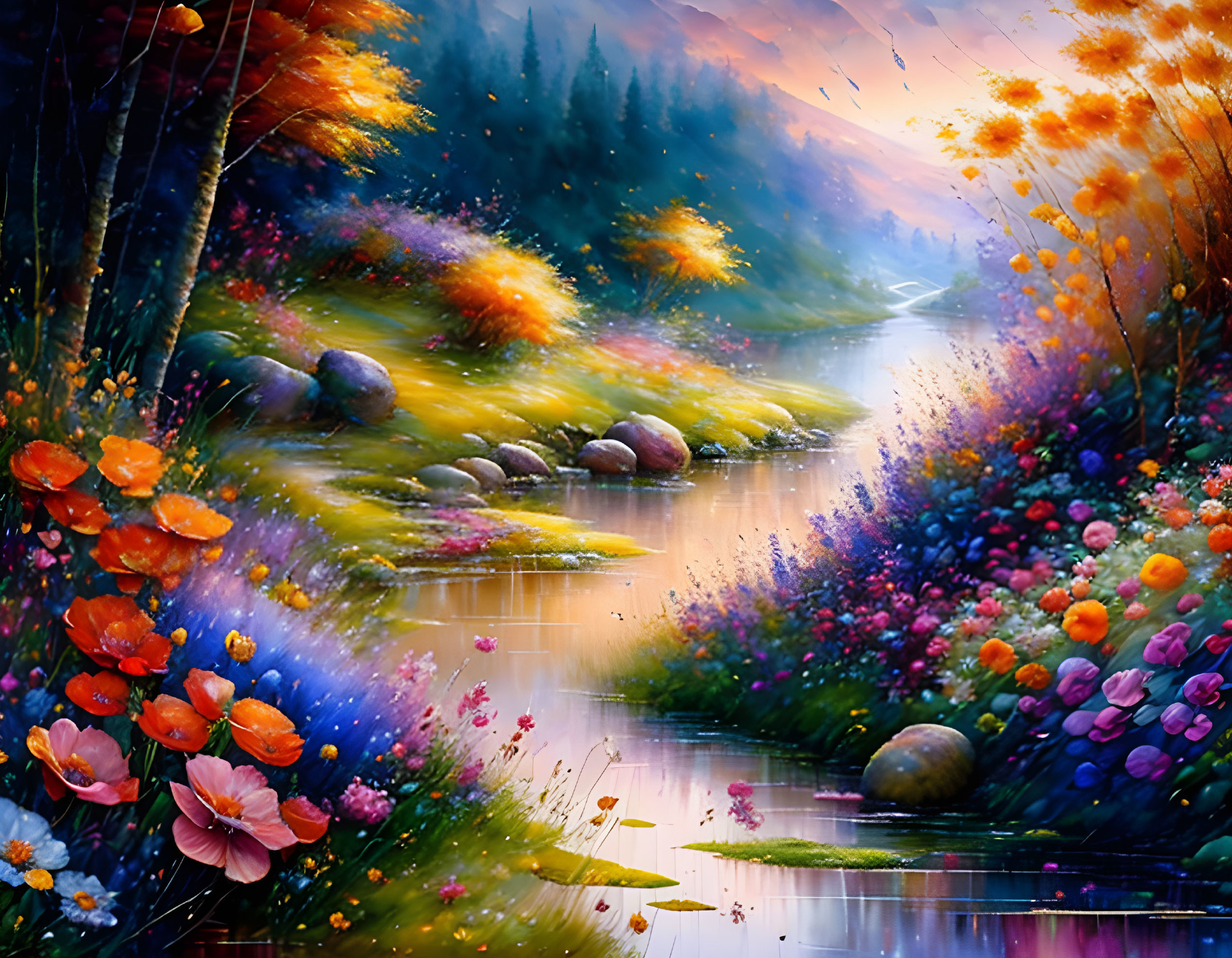 Colorful painting of serene river in autumn landscape
