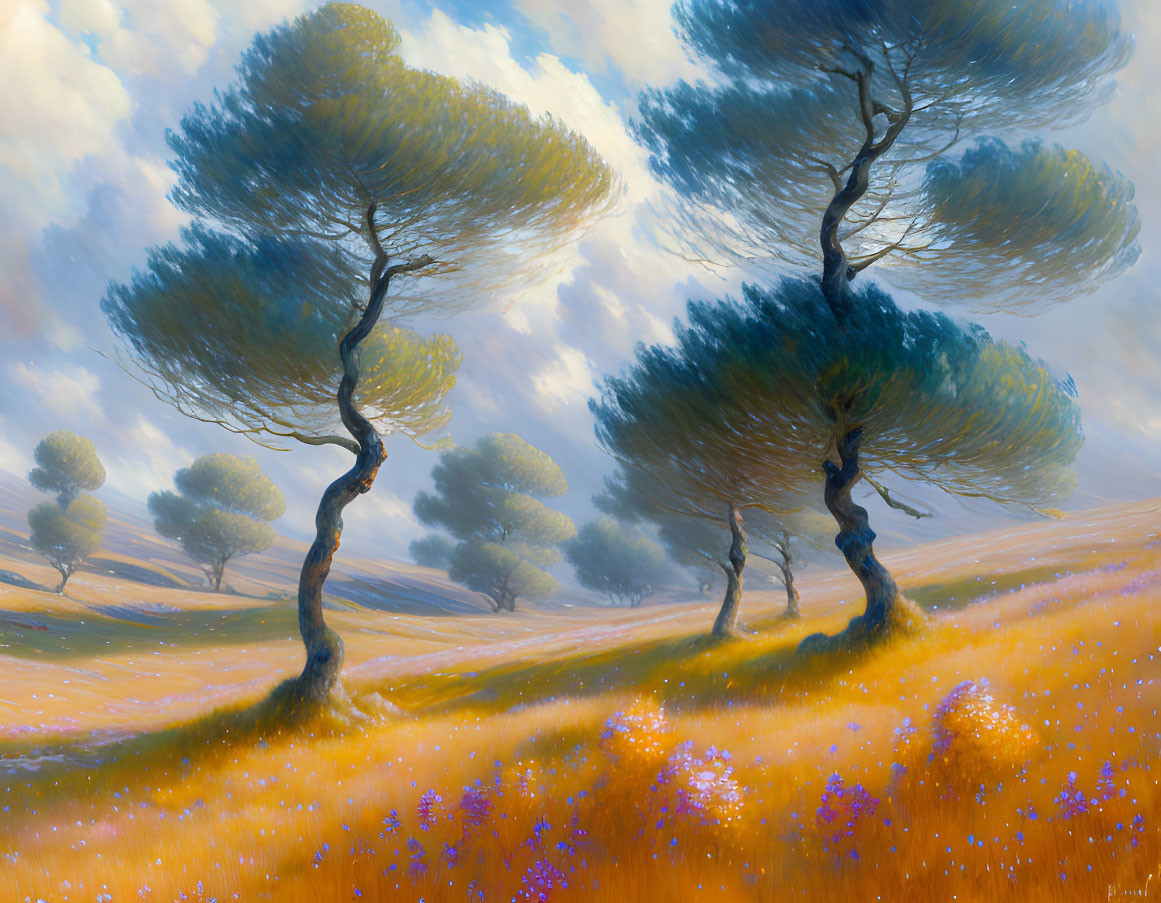 Serene landscape painting with windswept trees and golden meadow