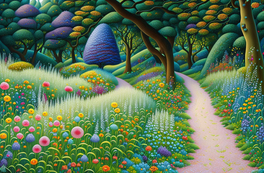 Whimsical forest painting with vibrant colors and stylized trees