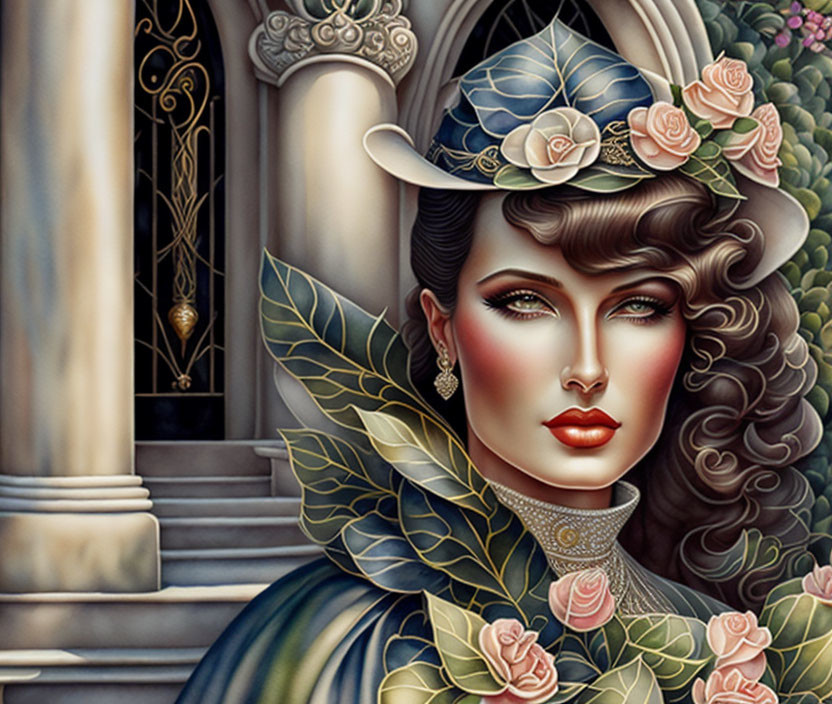 Portrait of woman with floral hat and vibrant makeup near classical architecture