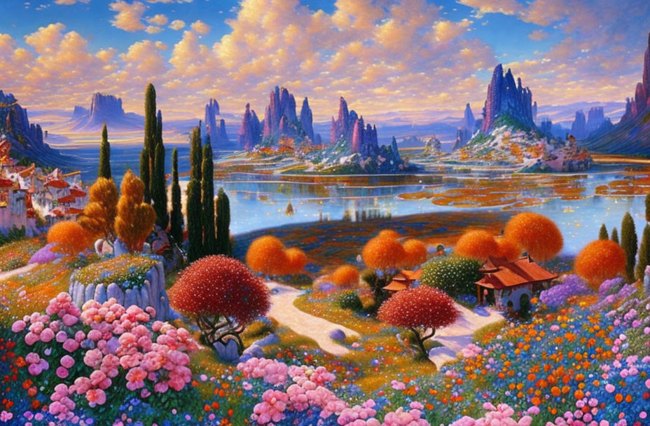 Colorful Fantasy Landscape with Flora, Lake, Trees & Pink Mountains