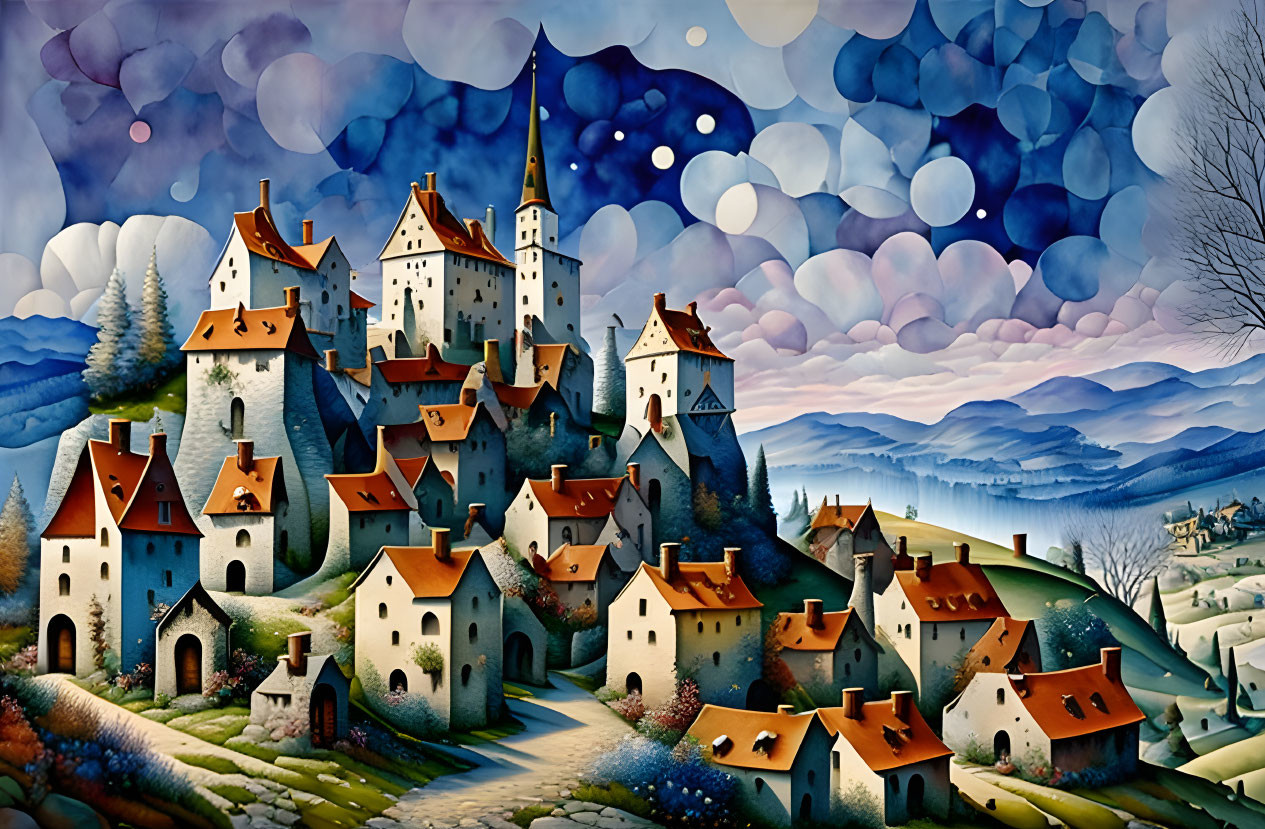 Medieval village with castle on hill in surreal landscape