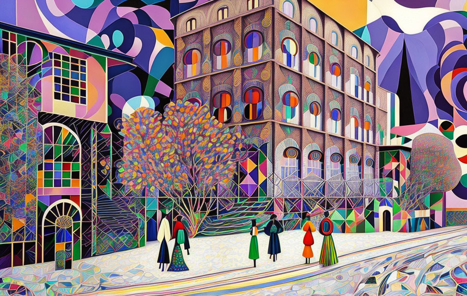 Vibrant geometric patterns on buildings, trees, and ground with four figures.