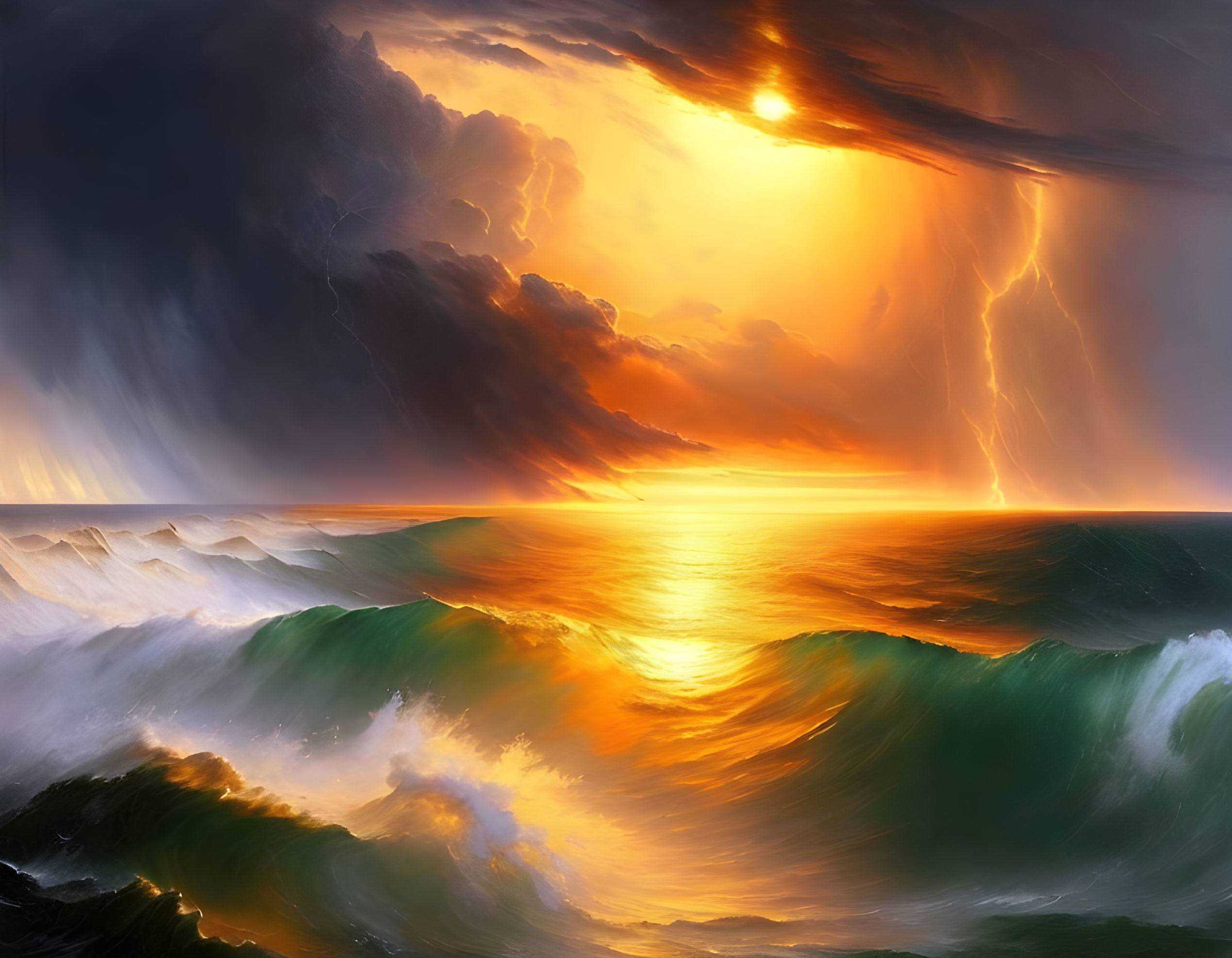 Dramatic seascape with towering waves, fiery sunset, storm clouds, and lightning