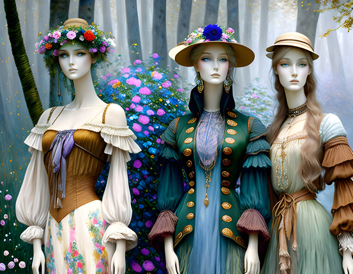 Vintage dresses and hats on mannequins against floral backdrop