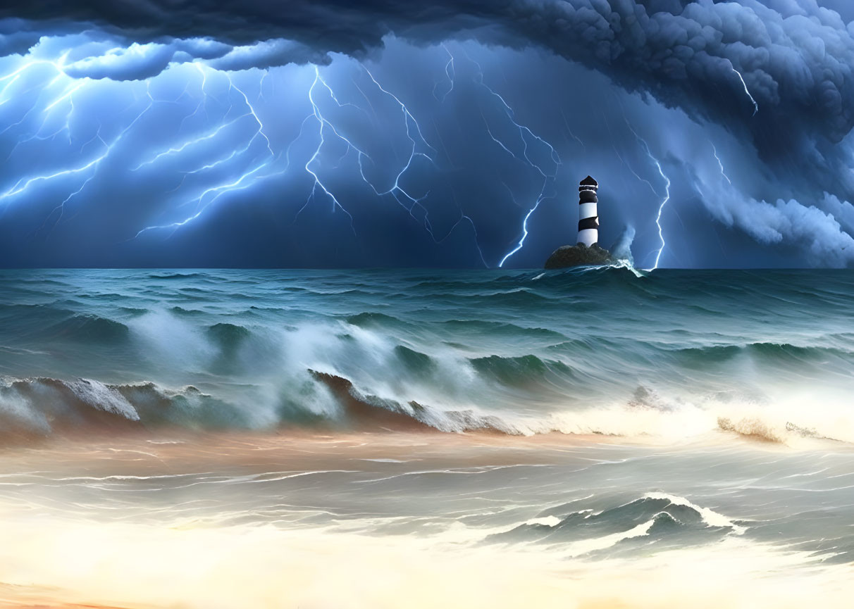 Stormy Seascape with Lighthouse and Lightning