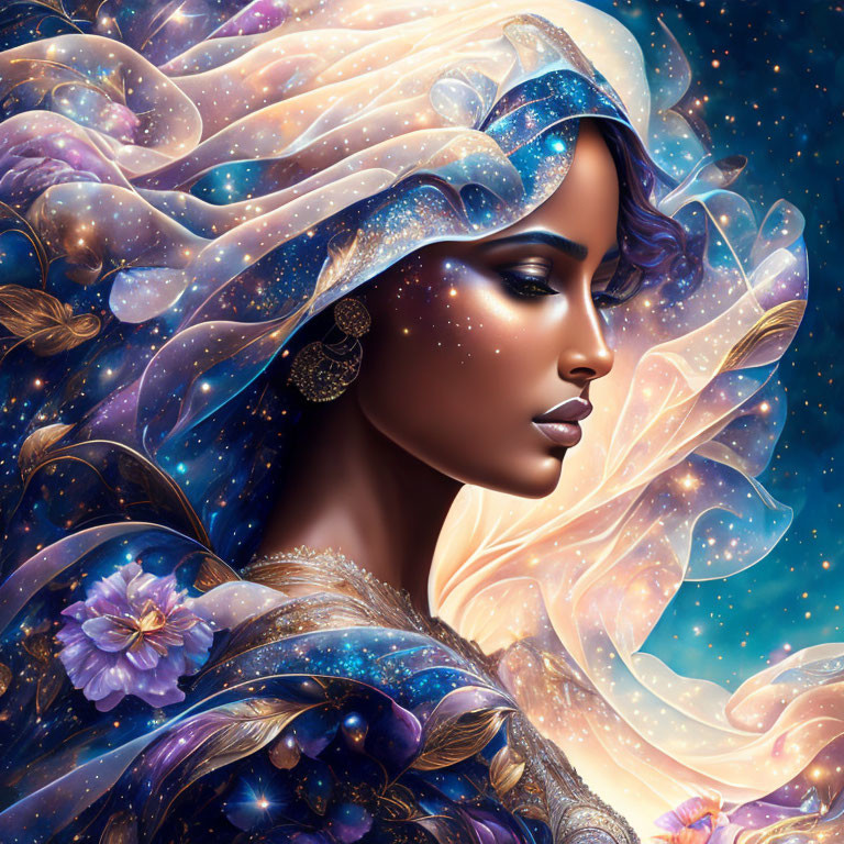 Illustrated portrait of a woman with cosmic-themed veil and galaxy motif attire