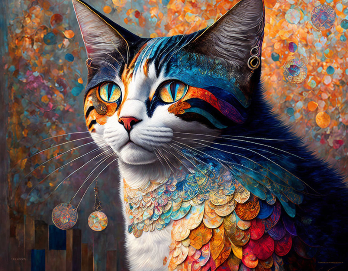 Vibrant Cat Artwork with Ornamental Details on Abstract Background