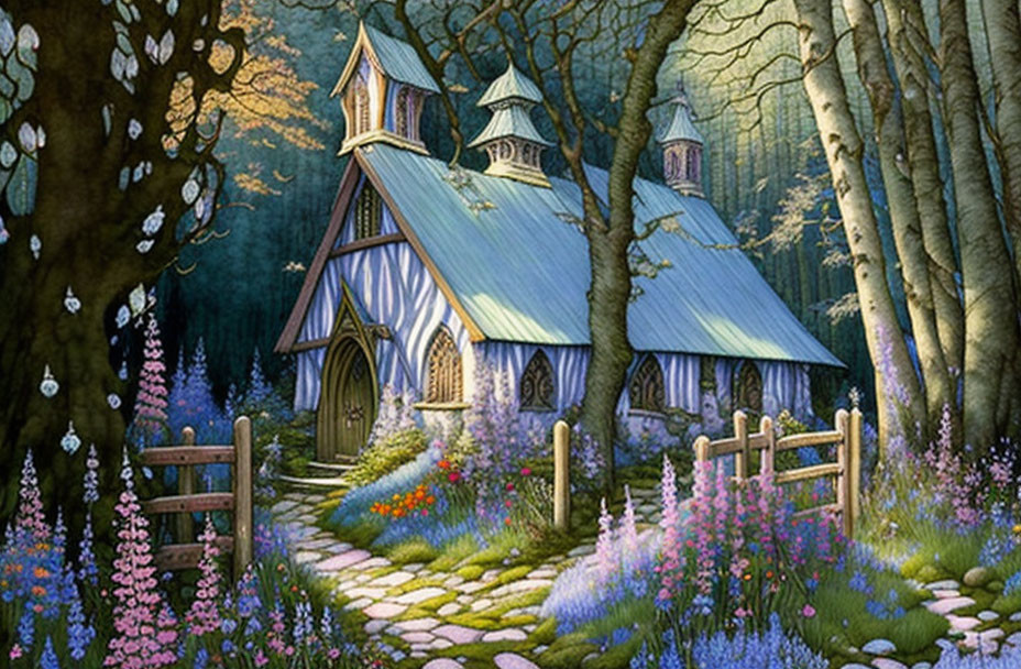 Enchanted forest chapel with blue roofs and floral path