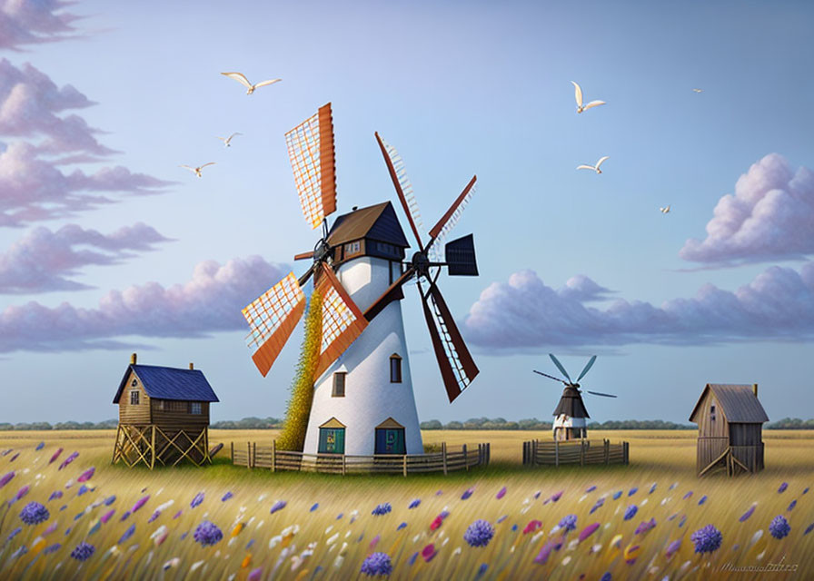 Rural landscape with windmills, flowers, fence, and birds