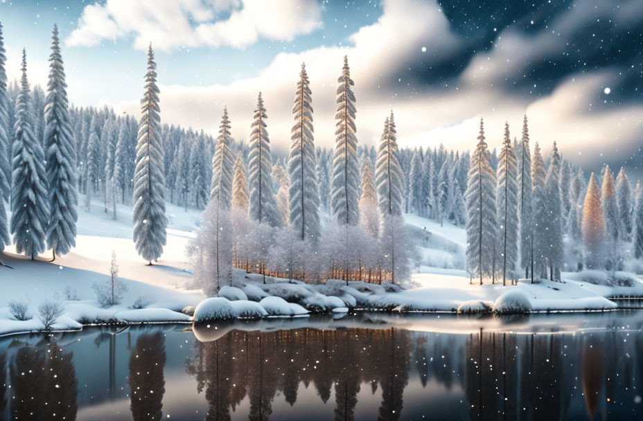 Snow-covered trees and starry night sky over calm lake