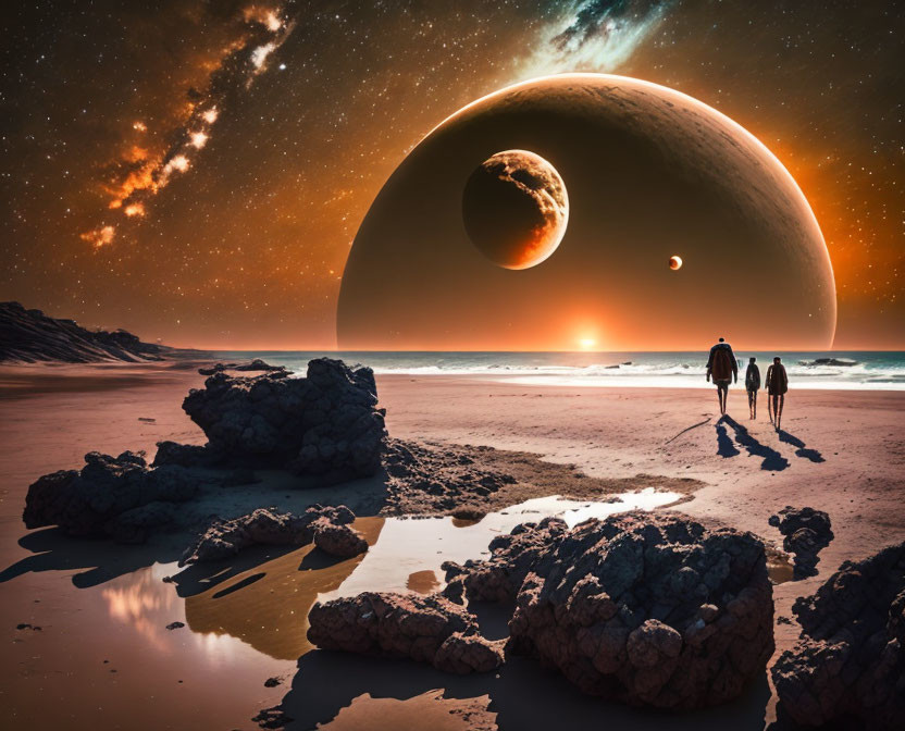 Individuals walking on beach with large planets in sky at sunset.