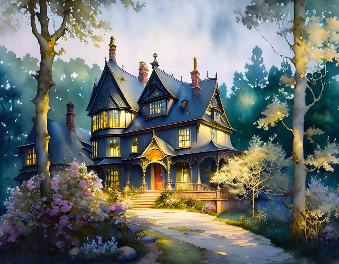 Victorian-style house in enchanted forest with glowing windows at dusk